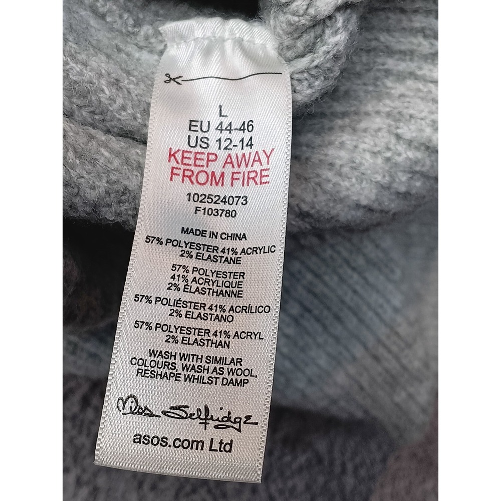 Miss Selfridge Cropped Knit Sweater Women L Gray Ribbed Long Sleeve Relaxed - Picture 6 of 6